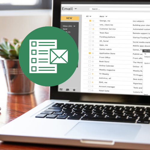 computer of email contacts with overlay of email list icon